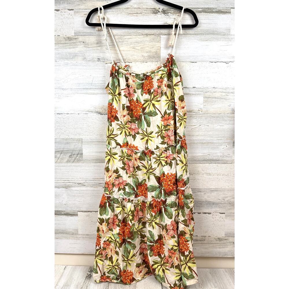 dRA Los Angeles Womens L Cream Floral Linen Blend Sleeveless Ruffle Midi Dress